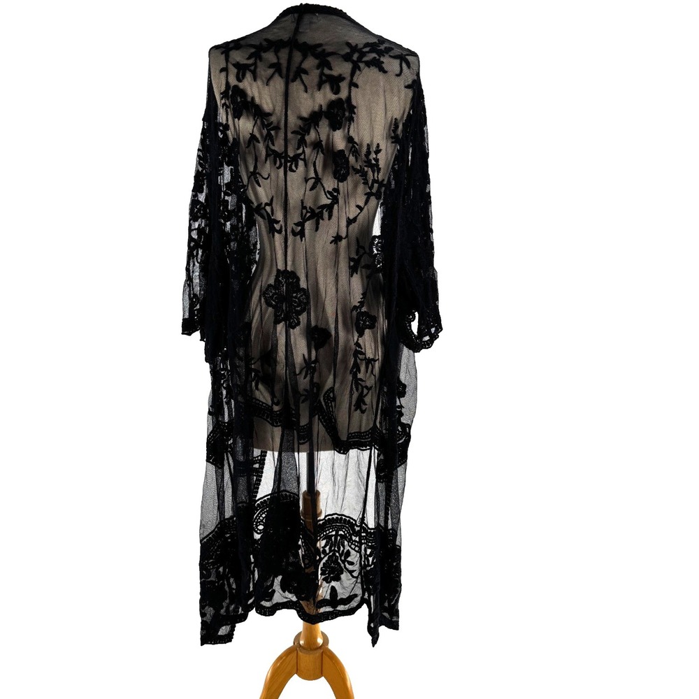 Dizzy Gal Boho Lace Kimono Duster Cover Up Sheer Floral 1X Whimsygoth Black